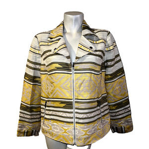 New CHICO'S Size L (2) Yellow Beige Aztec Jacquard Moto Lined LS Zip Jacket NWT